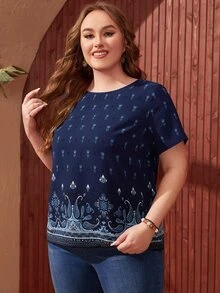 EMERY ROSE 大碼佩斯利印花大圓領襯衫 - 藏蓝色 - 查看 5