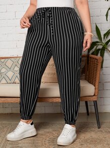 EMERY ROSE Plus Striped Knot Detail Trousers - Black - View 3