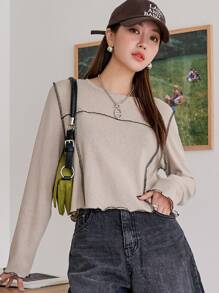 DAZY 頂針木耳邊T恤 - 卡其色 - 查看 1