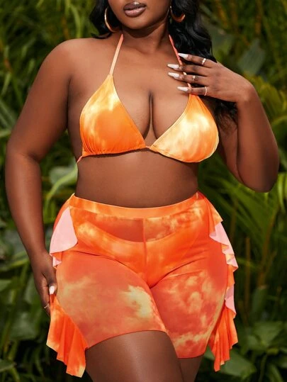 SHEIN Swim Curve Plus Size Tie Dye Bikini Set Halter Triangle Bra & Thong Bottom & Ruffle Trim Cover Up Shorts 3 Pieces Bikini Summer Beach