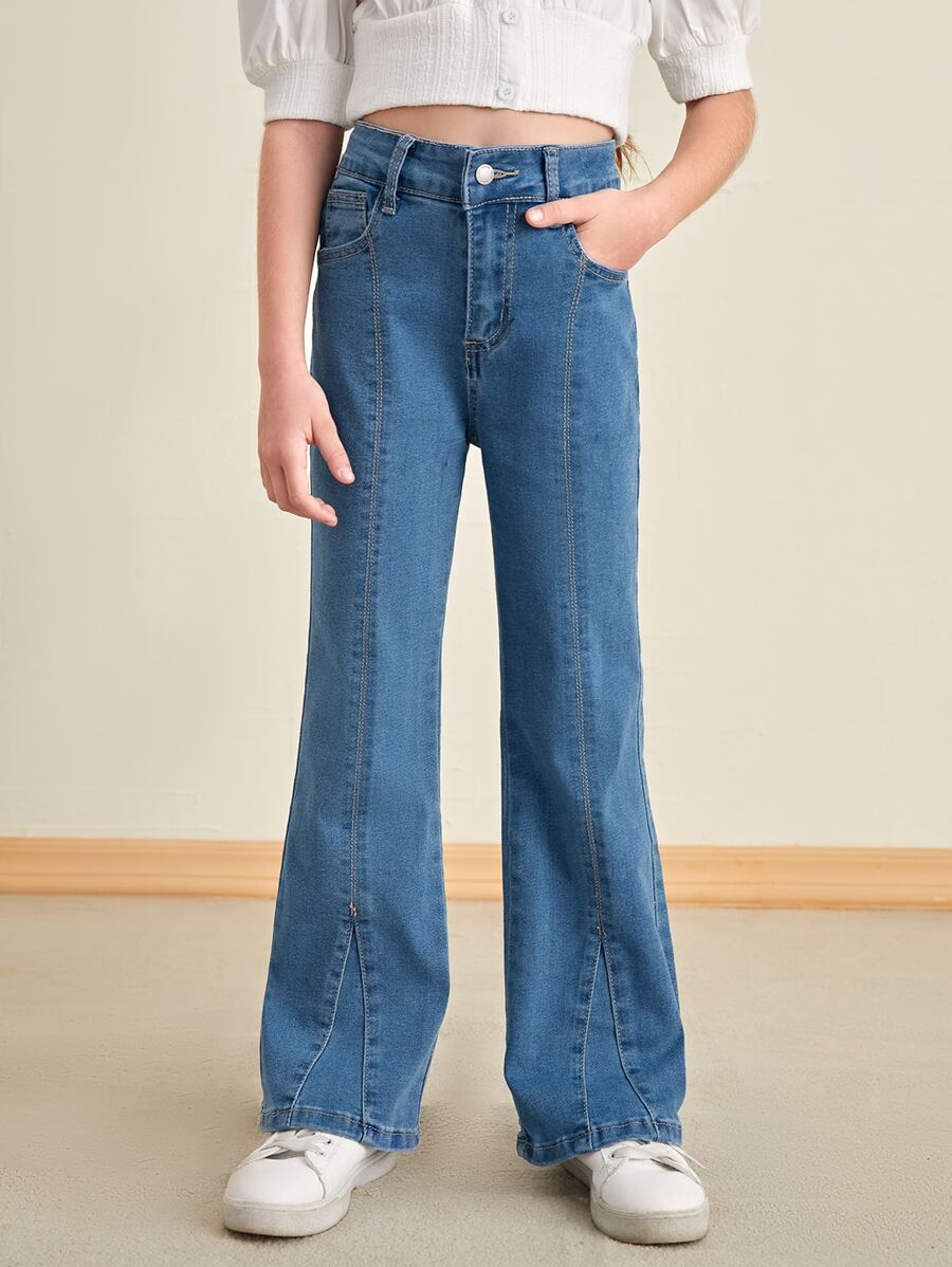 SHEIN Bé Gái Quần Jeans Nút Túi Dây kéo màu trơn - Rửa trung bình - Xem 1