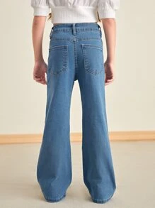 SHEIN Bé Gái Quần Jeans Nút Túi Dây kéo màu trơn - Rửa trung bình - Xem 2