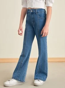 SHEIN Bé Gái Quần Jeans Nút Túi Dây kéo màu trơn - Rửa trung bình - Xem 3