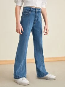 SHEIN Bé Gái Quần Jeans Nút Túi Dây kéo màu trơn - Rửa trung bình - Xem 4