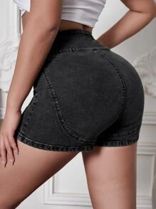 SHEIN SXY 紐扣細節直筒牛仔短褲 - 深灰色 - 查看 1