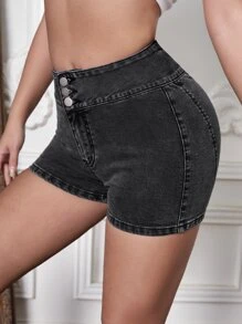 SHEIN SXY 紐扣細節直筒牛仔短褲 - 深灰色 - 查看 2