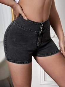 SHEIN SXY 紐扣細節直筒牛仔短褲 - 深灰色 - 查看 3