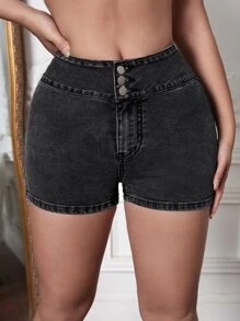 SHEIN SXY 紐扣細節直筒牛仔短褲 - 深灰色 - 查看 4