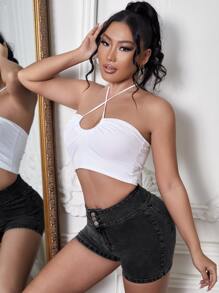SHEIN SXY 紐扣細節直筒牛仔短褲 - 深灰色 - 查看 5