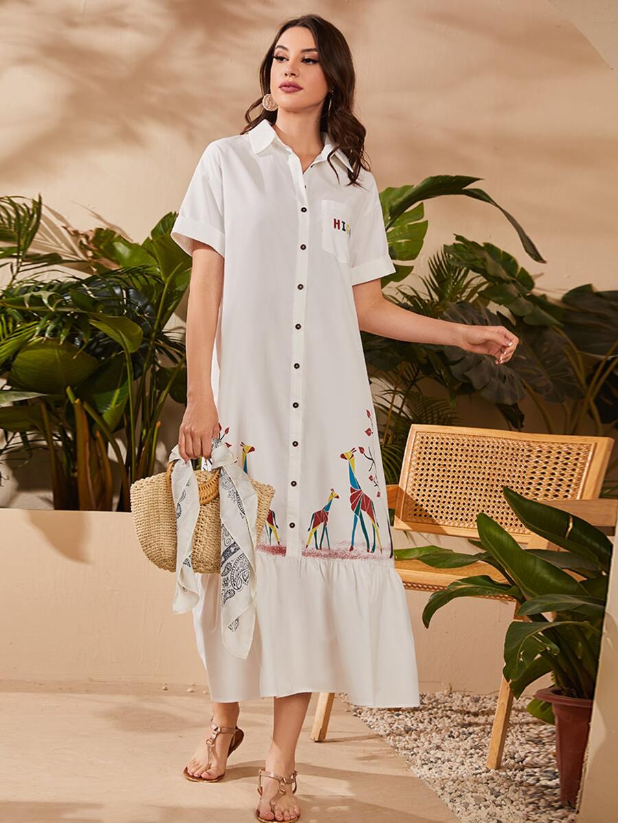 Seusyu Giraffe and Tree Print Ruffle Hem Shirt Dress - White - View 1