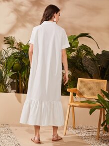 Seusyu Giraffe and Tree Print Ruffle Hem Shirt Dress - White - View 2