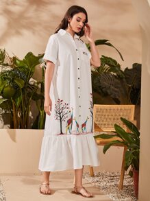 Seusyu Giraffe and Tree Print Ruffle Hem Shirt Dress - White - View 3