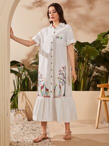 Seusyu Giraffe and Tree Print Ruffle Hem Shirt Dress - White - View 4