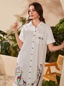Seusyu Giraffe and Tree Print Ruffle Hem Shirt Dress - White - View 5