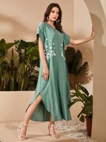 Seusyu Floral Print V Neck Dress - Green - View 1