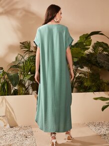 Seusyu Floral Print V Neck Dress - Green - View 2