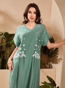 Seusyu Floral Print V Neck Dress - Green - View 3