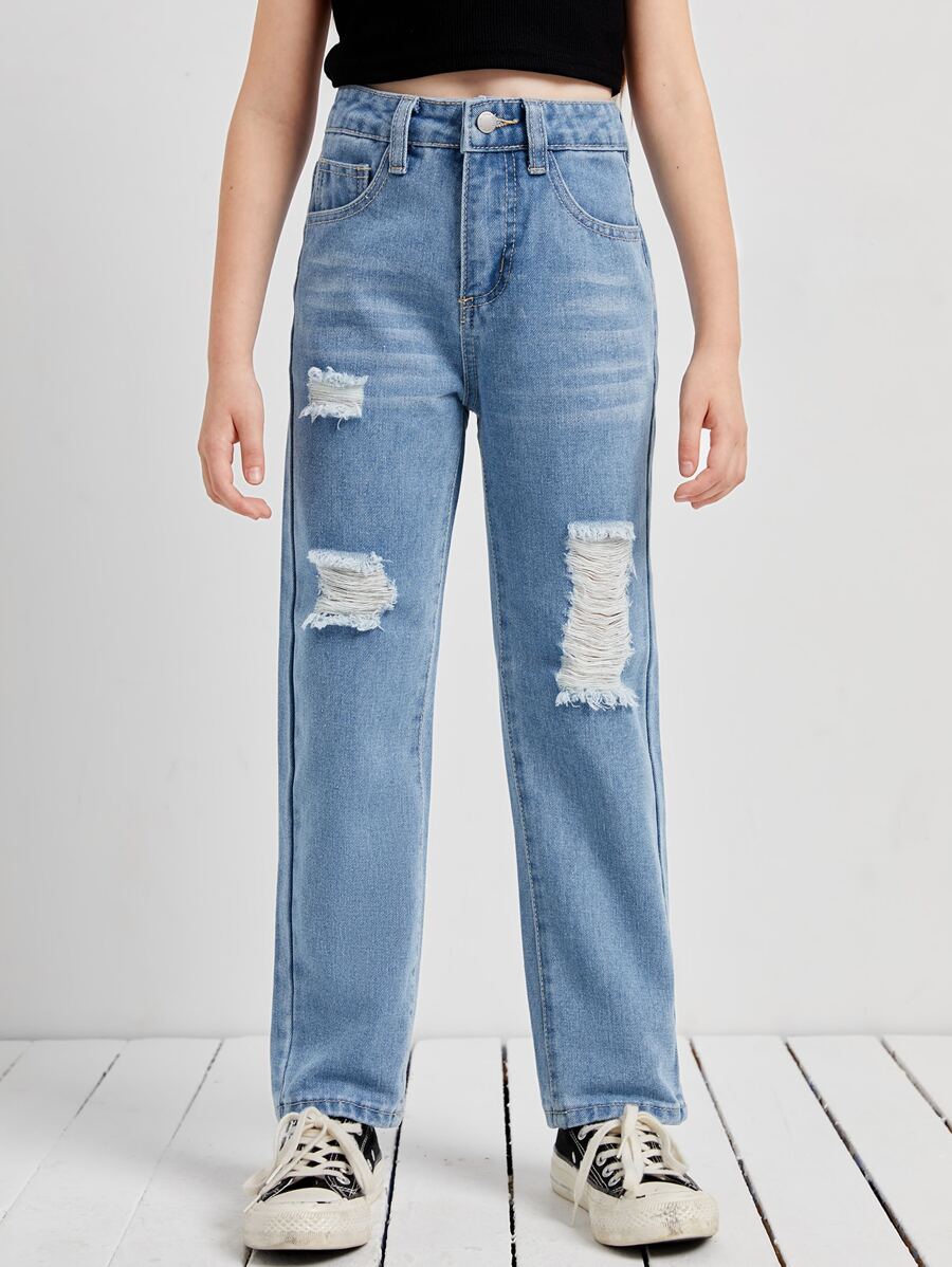 SHEIN 女孩破洞細節直筒牛仔褲
