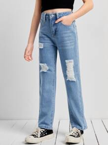 SHEIN 女孩破洞細節直筒牛仔褲