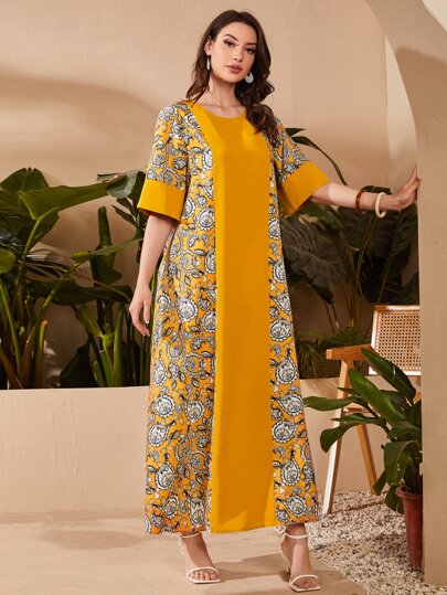 Al Najma 佩斯利印花荷叶边袖卡夫坦朴素阿拉伯连衣裙