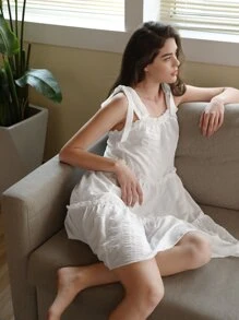 SHEIN Unity Knot Shoulder Frill Trim Slip Nightdress - White - View 4