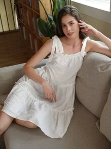 SHEIN Unity Knot Shoulder Frill Trim Slip Nightdress - White - View 5