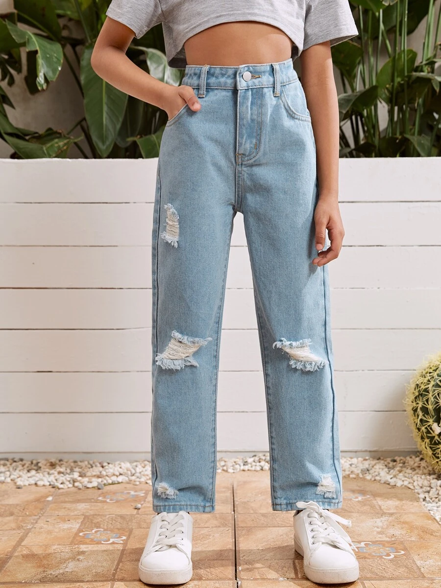 SHEIN Vaqueros De Pierna Recta Rasgados Con Botones Para Cintura De Chica Adolescente - Lavado ligero - Ver 1