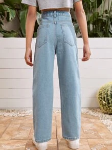 SHEIN Vaqueros De Pierna Recta Rasgados Con Botones Para Cintura De Chica Adolescente - Lavado ligero - Ver 2