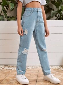 SHEIN Vaqueros De Pierna Recta Rasgados Con Botones Para Cintura De Chica Adolescente - Lavado ligero - Ver 4