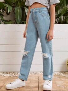 SHEIN Vaqueros De Pierna Recta Rasgados Con Botones Para Cintura De Chica Adolescente - Lavado ligero - Ver 5