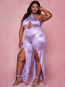 SHEIN SXY 大碼露背高衩繞頸連身褲 - 紫丁香色 - 查看 5