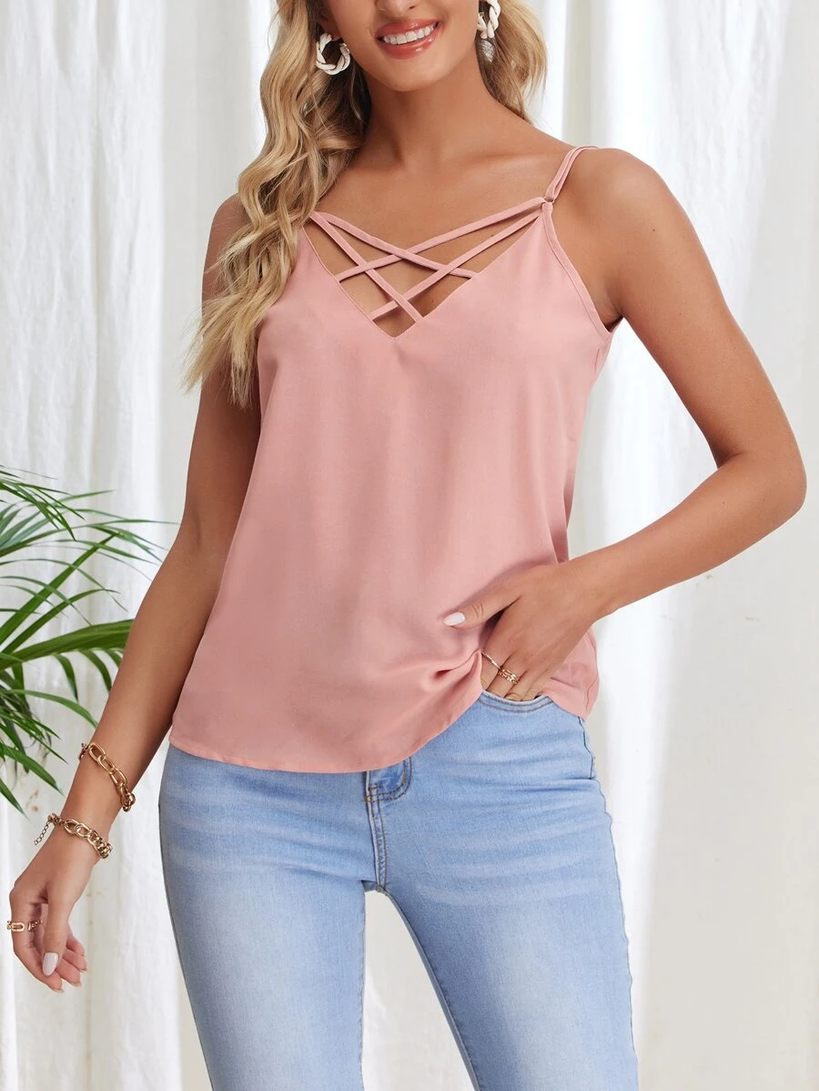SHEIN LUNE Criss Cross Cami Top - Dusty Pink - View 1