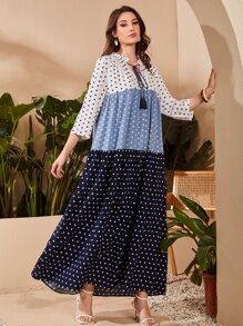 Seusyu Polka Dot Fringe Detail Dress - Blue and White - View 1