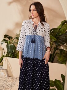 Seusyu Polka Dot Fringe Detail Dress - Blue and White - View 3