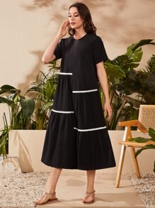 Mulvari Keyhole Back Contrast Piping Tunic Dress - Black - View 1