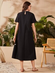 Mulvari Keyhole Back Contrast Piping Tunic Dress - Black - View 2