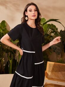 Mulvari Keyhole Back Contrast Piping Tunic Dress - Black - View 3