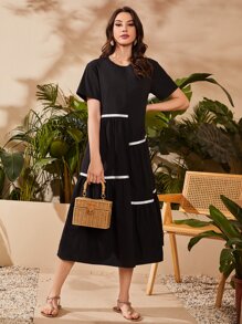 Mulvari Keyhole Back Contrast Piping Tunic Dress - Black - View 4