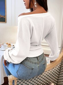 SHEIN Privé Surplice Neck Batwing Sleeve Belted Tee - White - View 2