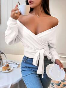 SHEIN Privé Surplice Neck Batwing Sleeve Belted Tee - White - View 4