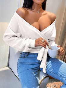SHEIN Privé Surplice Neck Batwing Sleeve Belted Tee - White - View 5