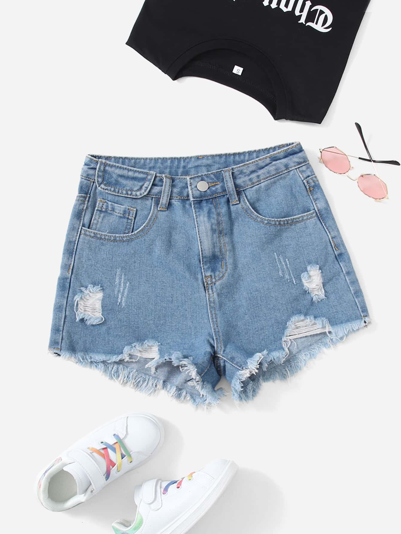 SHEIN Teen Girls Ripped Raw Hem Denim Shorts - Light Wash - View 1