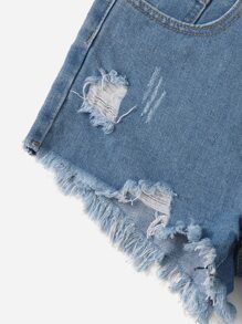 SHEIN Teen Girls Ripped Raw Hem Denim Shorts - Light Wash - View 3