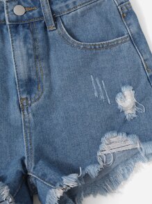 SHEIN Teen Girls Ripped Raw Hem Denim Shorts - Light Wash - View 4