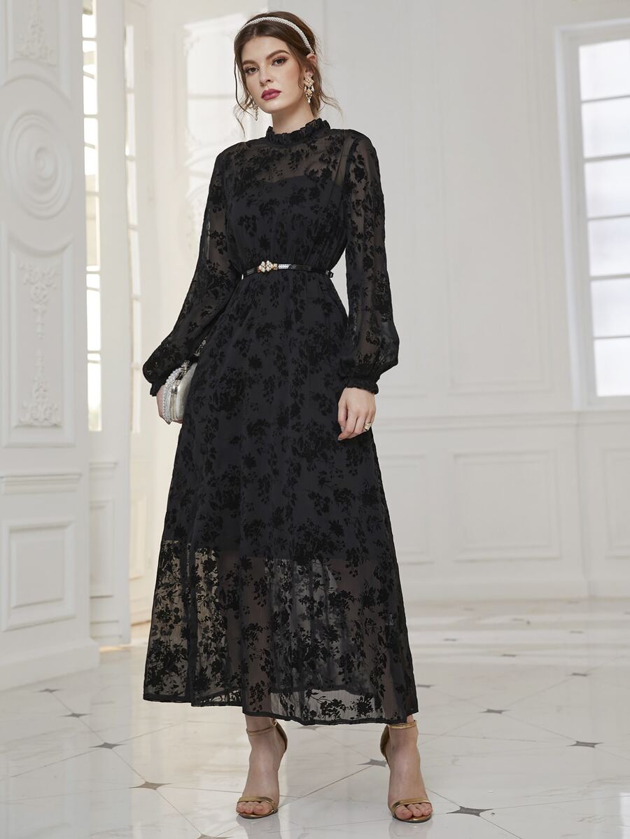 Modelyn Floral Print Lantern Sleeve Frill Neck Belted Dress