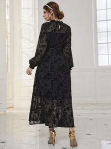 Modelyn Floral Print Lantern Sleeve Frill Neck Belted Dress