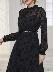 Modelyn Floral Print Lantern Sleeve Frill Neck Belted Dress