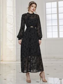 Modelyn Floral Print Lantern Sleeve Frill Neck Belted Dress