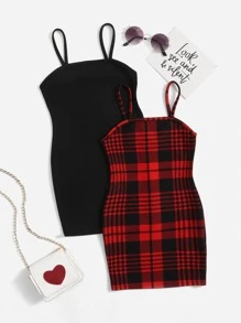 SHEIN Young Girl 2pcs/Set Plaid Suspenders Dress Suitable In Spring And Summer - Multicolor - View 1