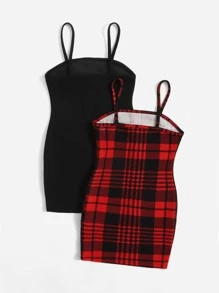 SHEIN Young Girl 2pcs/Set Plaid Suspenders Dress Suitable In Spring And Summer - Multicolor - View 2